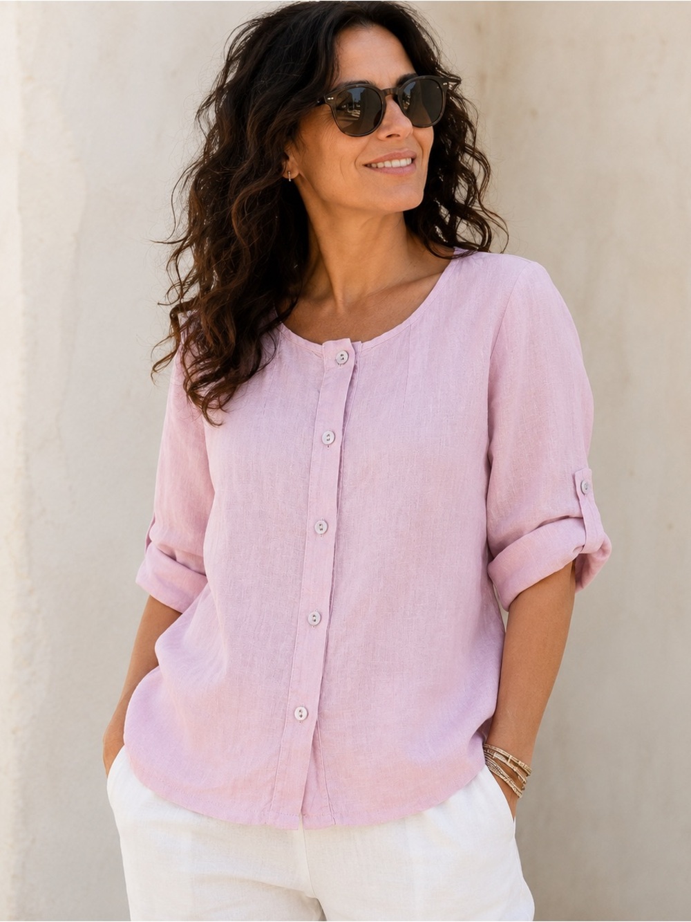 Puro Lino 100% Linen Blouse Top Size S/M Roll Tab Sleeve Made in Italy Soft Pink